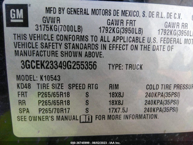 2009 CHEVROLET SILVERADO 1500 LT VIN: 3GCEK23349G255356