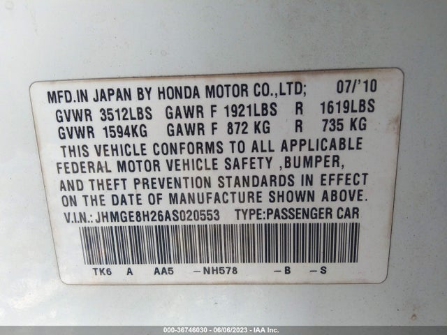 2010 HONDA FIT VIN: JHMGE8H26AS020553