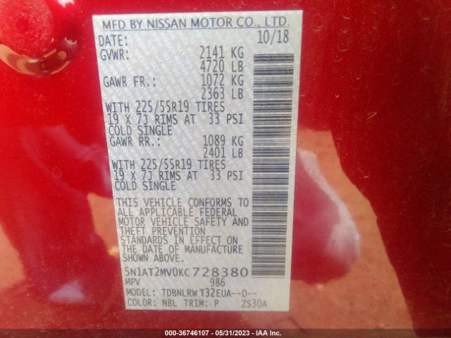 5N1AT2MV0KC728380 Nissan Rogue Sl