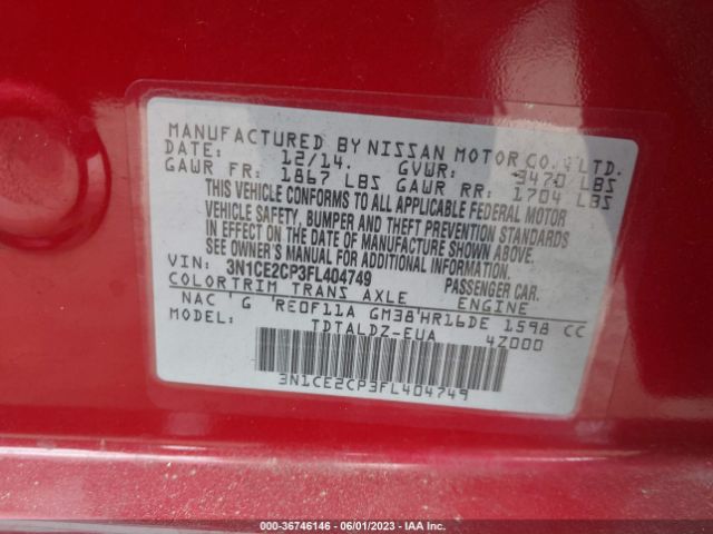 3N1CE2CP3FL404749 Nissan Versa Note S/s Plus/sv/sr/sl