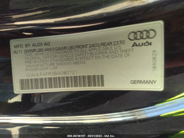2011 Audi A5 2.0t Premium Plus მანქანა იყიდება აუქციონზე, vin: WAULFAFR3BA080721, აუქციონის ნომერი: 36746197
