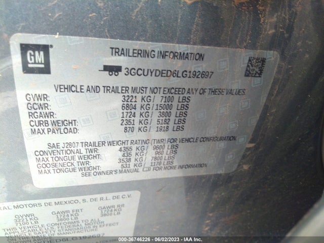 2020 CHEVROLET SILVERADO 1500 LT VIN: 3GCUYDED6LG192697