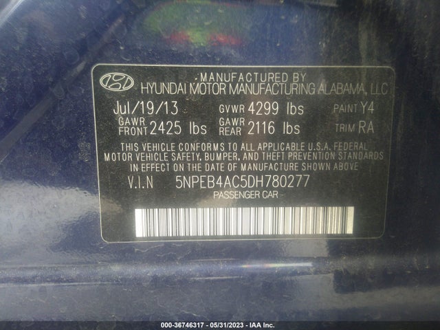 2013 HYUNDAI SONATA GLS PZEV VIN: 5NPEB4AC5DH780277