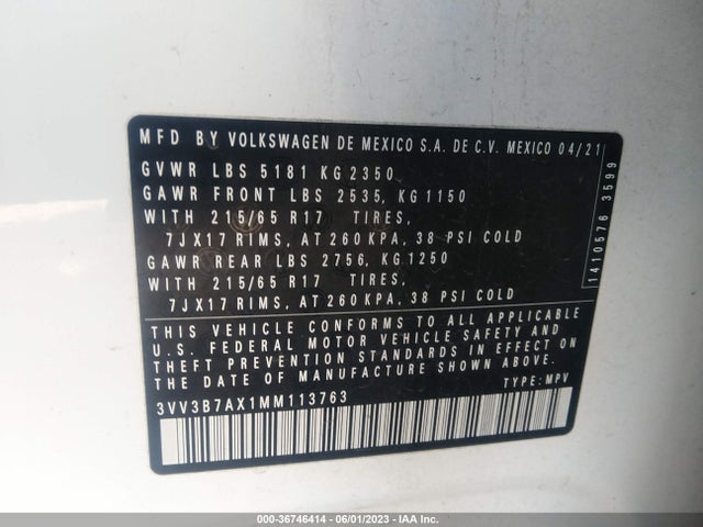 3VV3B7AX1MM113763 Volkswagen Tiguan Se/se R-line Black/sel