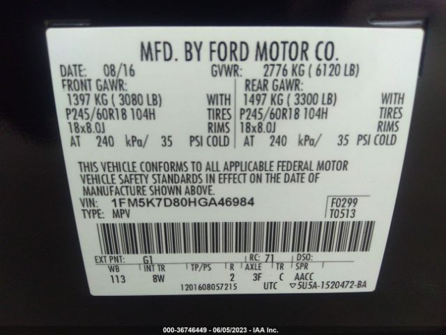 1FM5K7D80HGA46984 Ford EXPLORER XLT