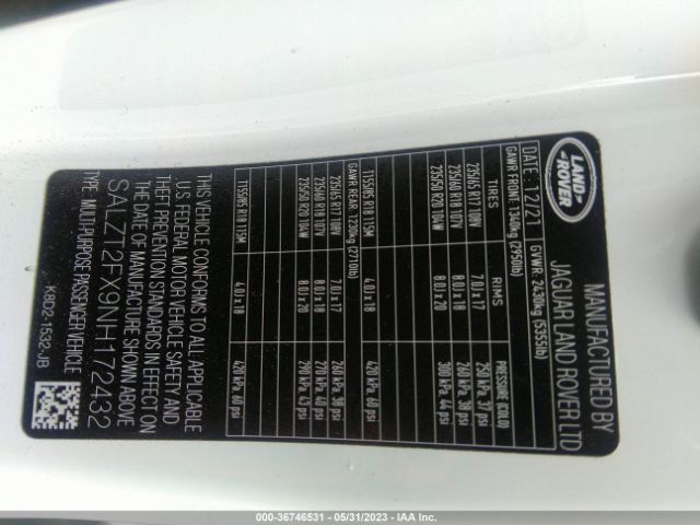 SALZT2FX9NH172432 Land Rover Range Rover Evoque R-dynamic S