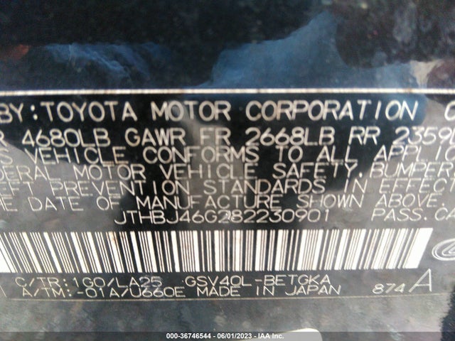 2008 LEXUS ES 350 VIN: JTHBJ46G282230901