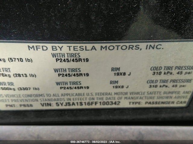 5YJSA1S16FF100342 Tesla Model S Kwh Battery