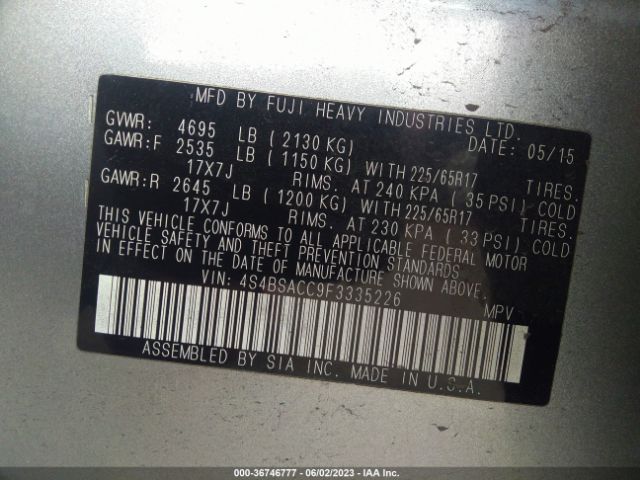 4S4BSACC9F3335226 Subaru Outback 2.5i Premium