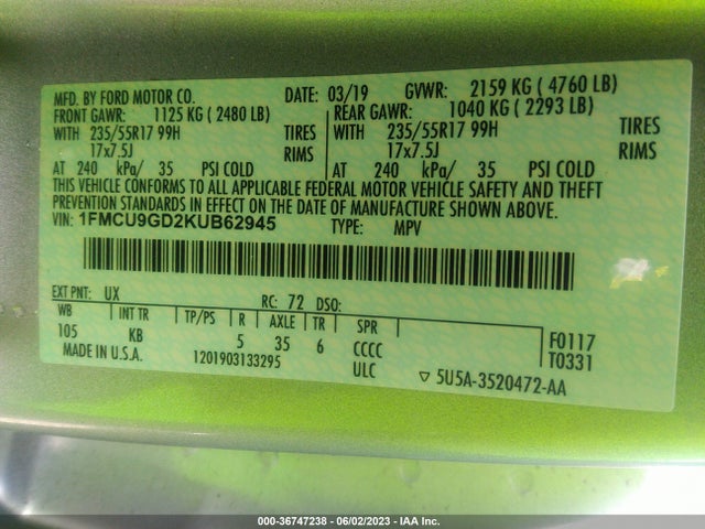 1FMCU9GD2KUB62945 Ford ESCAPE SE