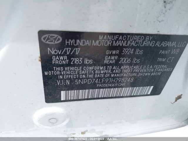 2018 HYUNDAI ELANTRA SE VIN: 5NPD74LF9JH298248