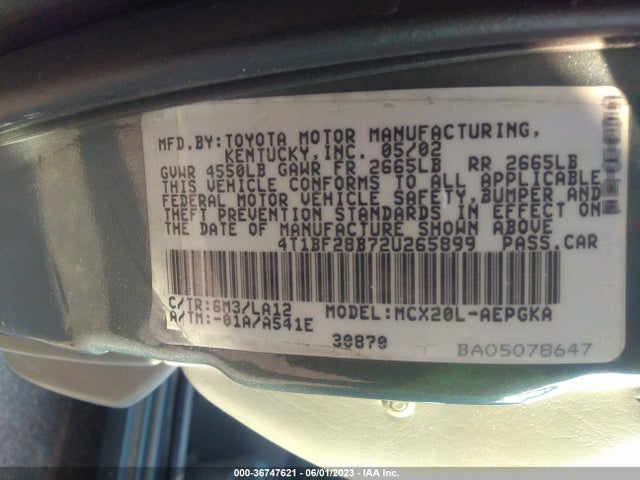 2002 TOYOTA AVALON XL/XLS VIN: 4T1BF28B72U265899