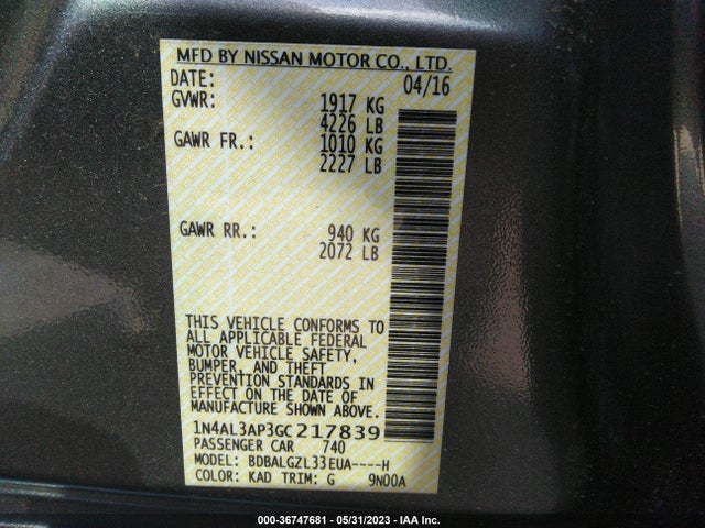 2016 NISSAN ALTIMA 2.5 S VIN: 1N4AL3AP3GC217839