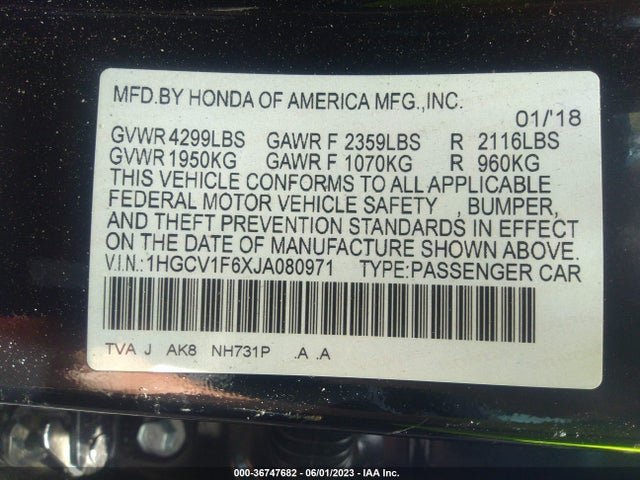 2018 HONDA ACCORD SEDAN EX-L NAVI 1.5T VIN: 1HGCV1F6XJA080971