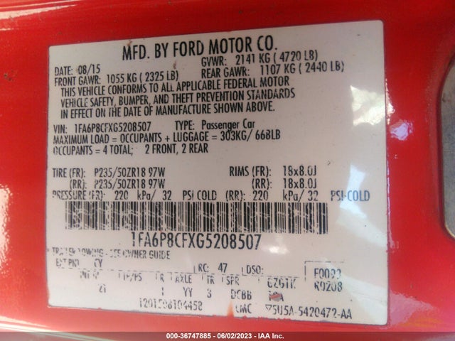 2016 FORD MUSTANG GT VIN: 1FA6P8CFXG5208507