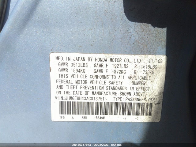 2010 HONDA FIT SPORT VIN: JHMGE8H43AC013751