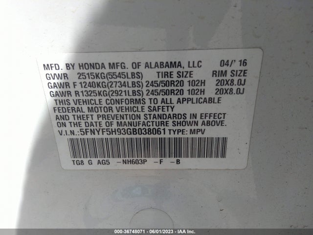 Honda Pilot Touring 2016 5FNYF5H93GB038061 Image 9