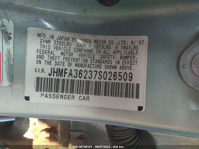 2007 HONDA CIVIC HYBRID VIN: JHMFA36237S026509