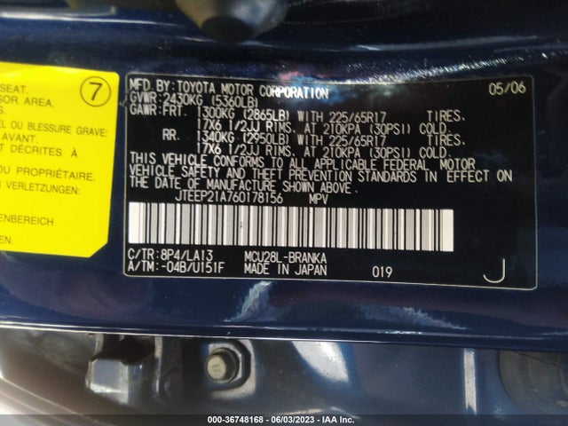 2006 TOYOTA HIGHLANDER W/3RD ROW/LIMITED W VIN: JTEEP21A760178156