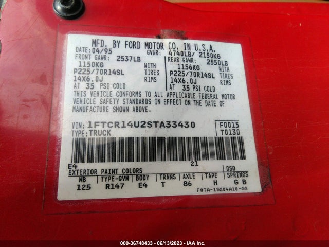 1995 FORD RANGER SUPER CAB VIN: 1FTCR14U2STA33430