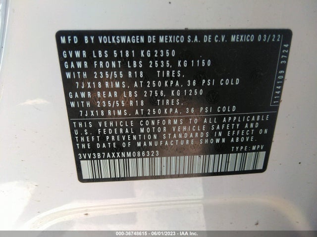 3VV3B7AXXNM086323 Volkswagen TIGUAN SE
