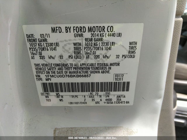 2011 FORD ESCAPE XLT VIN: 1FMCU0D76BKB66857