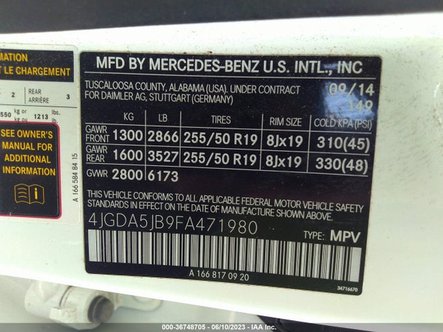 2015 MERCEDES-BENZ M-CLASS ML 350 VIN: 4JGDA5JB9FA471980