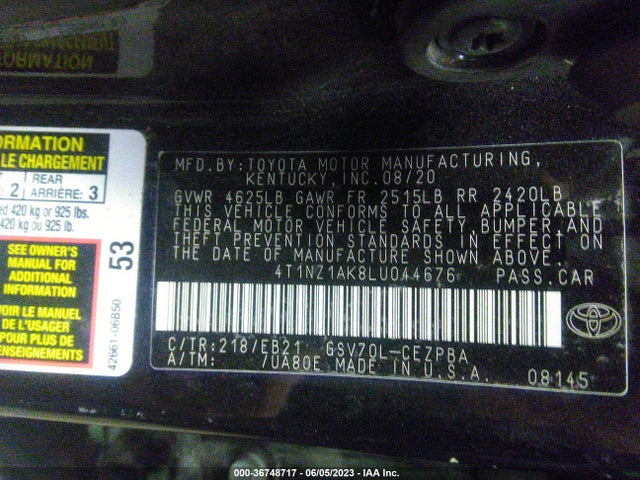 Toyota Camry V6 2020 4T1NZ1AK8LU044676 Image 9