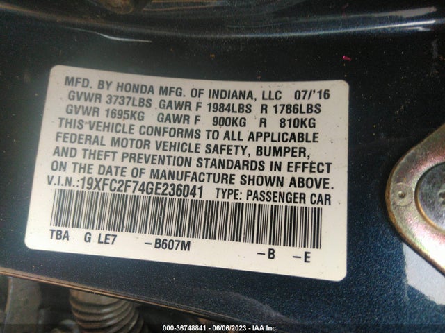Honda Civic Sedan Ex 2016 19XFC2F74GE236041 Image 9