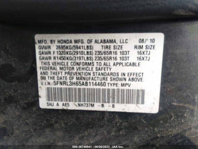 2010 HONDA ODYSSEY EX-L VIN: 5FNRL3H65AB114460