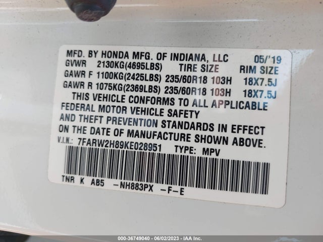2019 HONDA CR-V EX-L VIN: 7FARW2H89KE028951