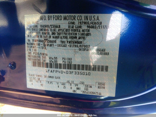 2003 FORD MUSTANG STANDARD/DELUXE/PREMIUM VIN: 1FAFP40403F335010
