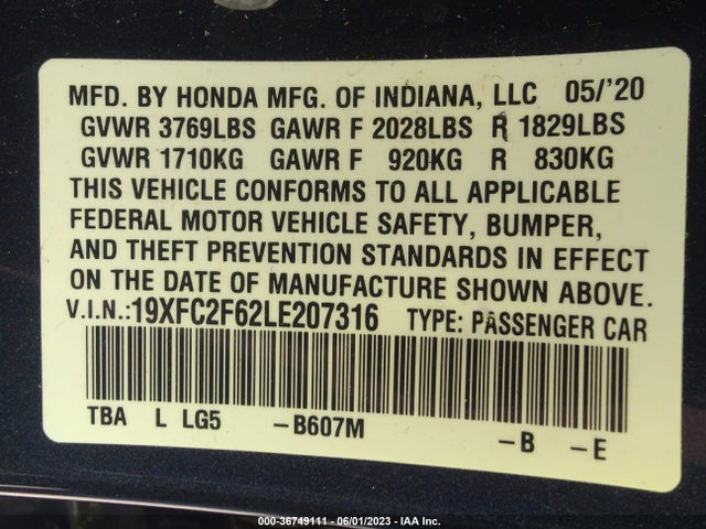 Honda Civic Sedan Lx 2020 19XFC2F62LE207316 Image 9