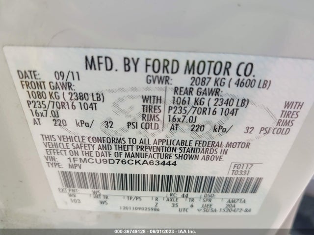 2012 FORD ESCAPE XLT VIN: 1FMCU9D76CKA63444