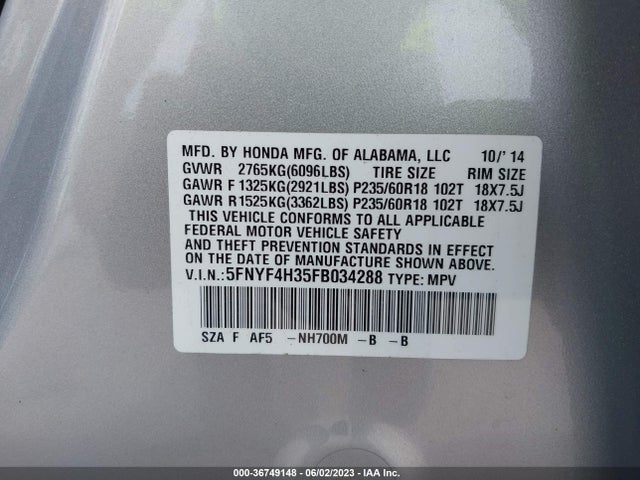 Honda PILOT SE 2015 5FNYF4H35FB034288 Image 11