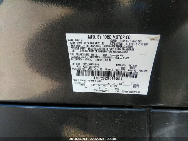 Ford TAURUS SEL 2015 1FAHP2E82FG195811 Image 9