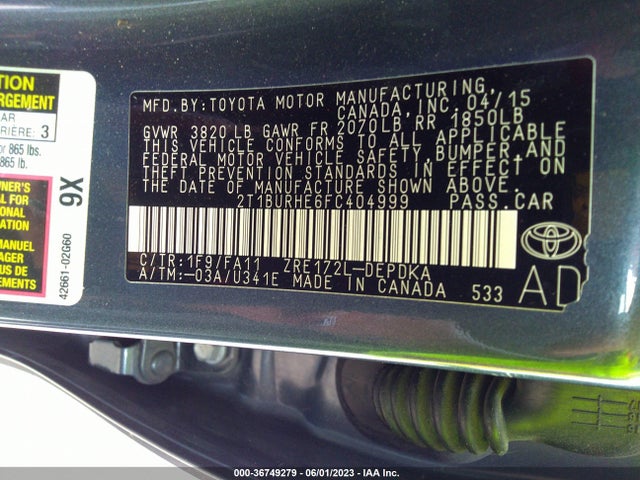 Toyota Corolla L/le/s/s Plus/le Plus 2015 2T1BURHE6FC404999 Image 9