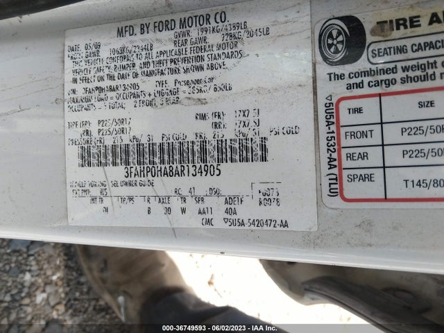 2010 FORD FUSION SE VIN: 3FAHP0HA8AR134905