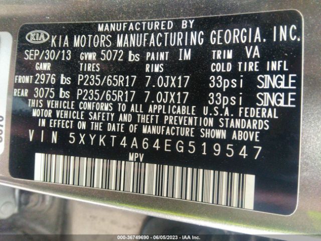 KIA SORENTO LX 2014 5XYKT4A64EG519547 Image 9