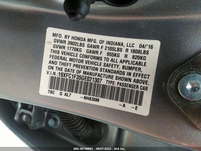 2016 HONDA CIVIC SEDAN EX-T VIN: 19XFC1F35GE021307