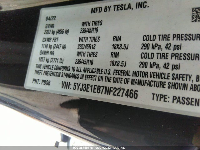 Tesla Model 3 Long Range 2022 5YJ3E1EB7NF227466 Image 9