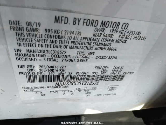 2020 FORD ECOSPORT SE VIN: MAJ6S3GL2LC318572