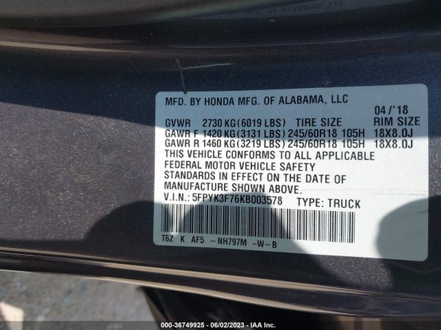 Honda Ridgeline Rtl-e 2019 5FPYK3F76KB003578 Image 10