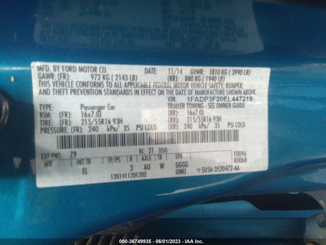 2014 FORD FOCUS SE VIN: 1FADP3F20EL447219