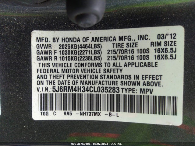 2012 HONDA CR-V LX VIN: 5J6RM4H34CL035283
