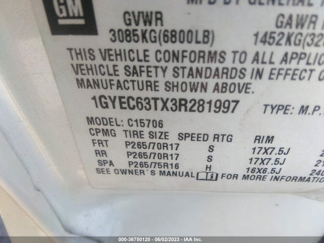 2003 CADILLAC ESCALADE STANDARD VIN: 1GYEC63TX3R281997
