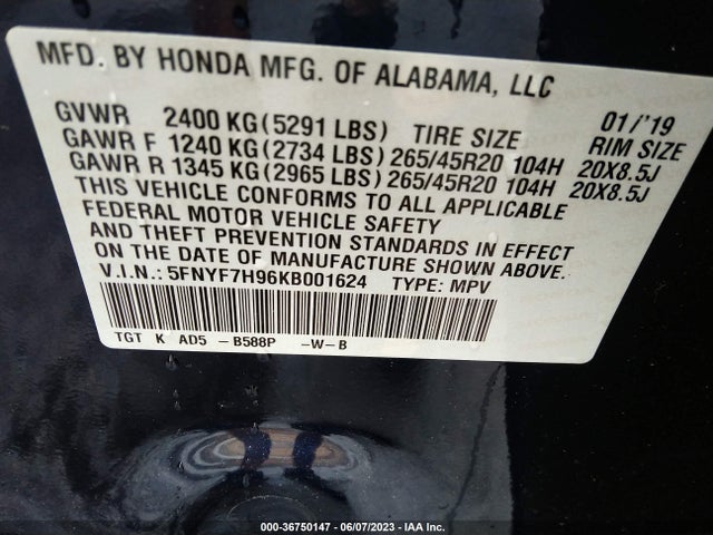 Honda Passport Touring 2019 5FNYF7H96KB001624 Image 9