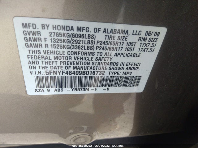 2009 HONDA PILOT EX VIN: 5FNYF48409B016732