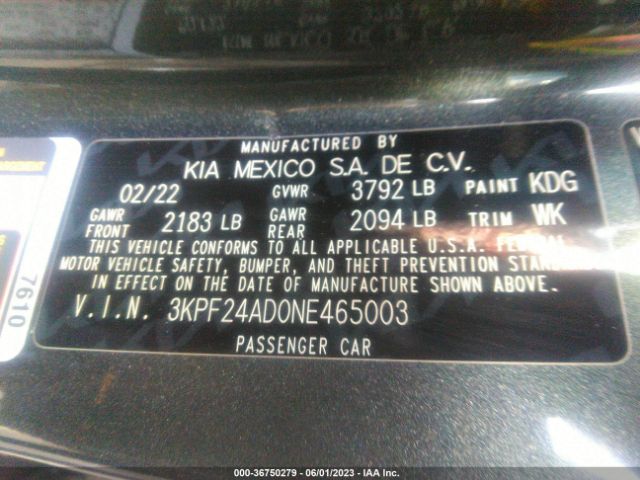 3KPF24AD0NE465003 KIA Forte Lxs