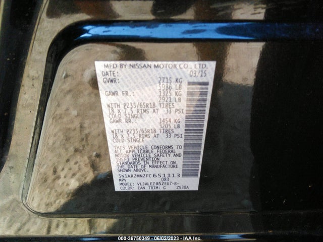 2015 NISSAN PATHFINDER SV VIN: 5N1AR2MN2FC651113